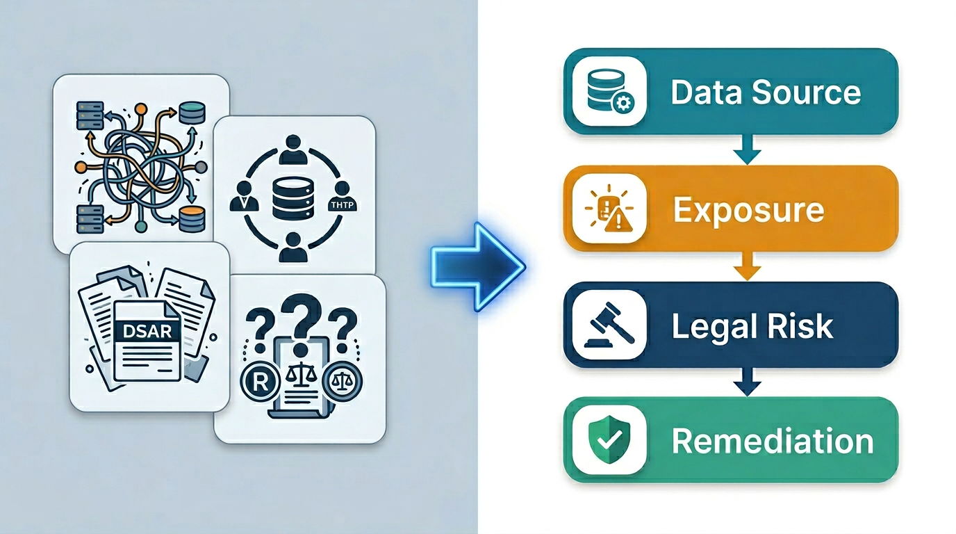 Interactive: Left — Scattered data flows, Unmapped vendors, DSAR, Unclear compliance. Right — Data Source, Exposure, Legal Risk, Remediation. Click a region to learn more.
